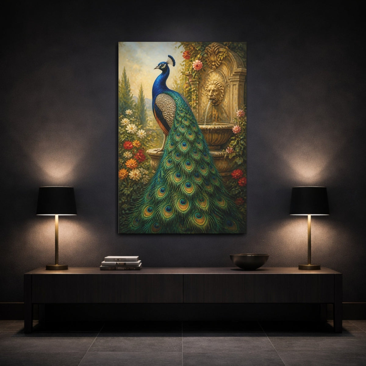 Animals Regal Peacock Garden Canvas Print – Living Room, Above Fireplace, Teal & Gold - YesArtYes