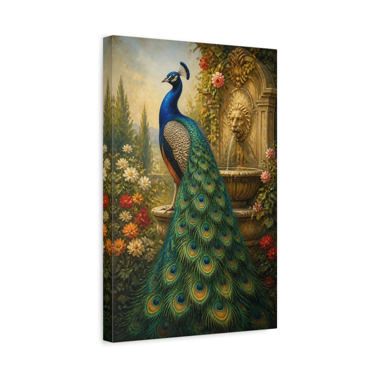 Side Mockup 4. Animals Regal Peacock Garden shown as canvas print