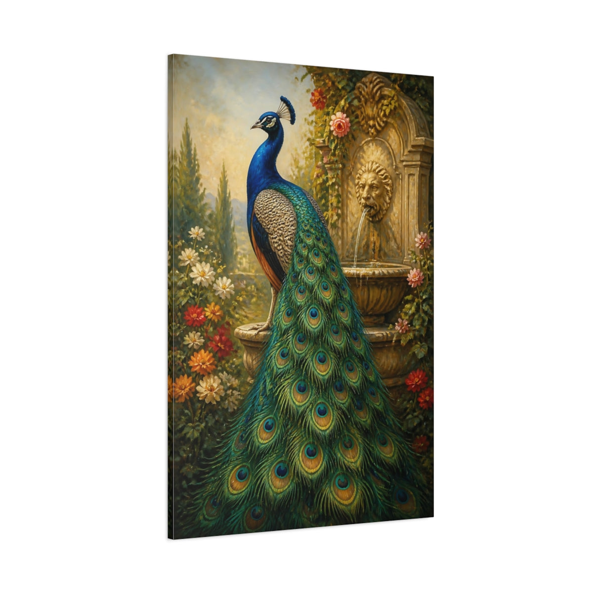 Side Mockup 1. Animals Regal Peacock Garden shown as canvas print