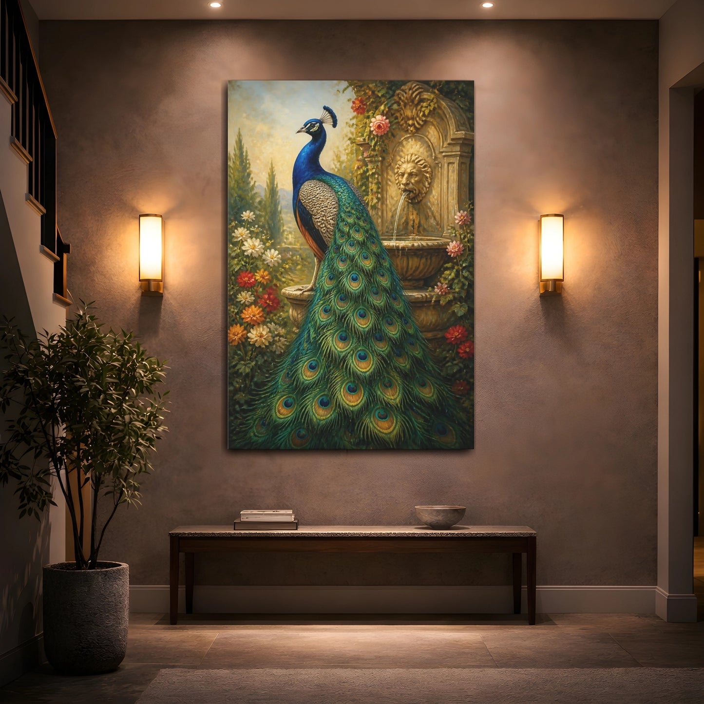 Mockup 2. Animals Regal Peacock Garden shown as canvas print
