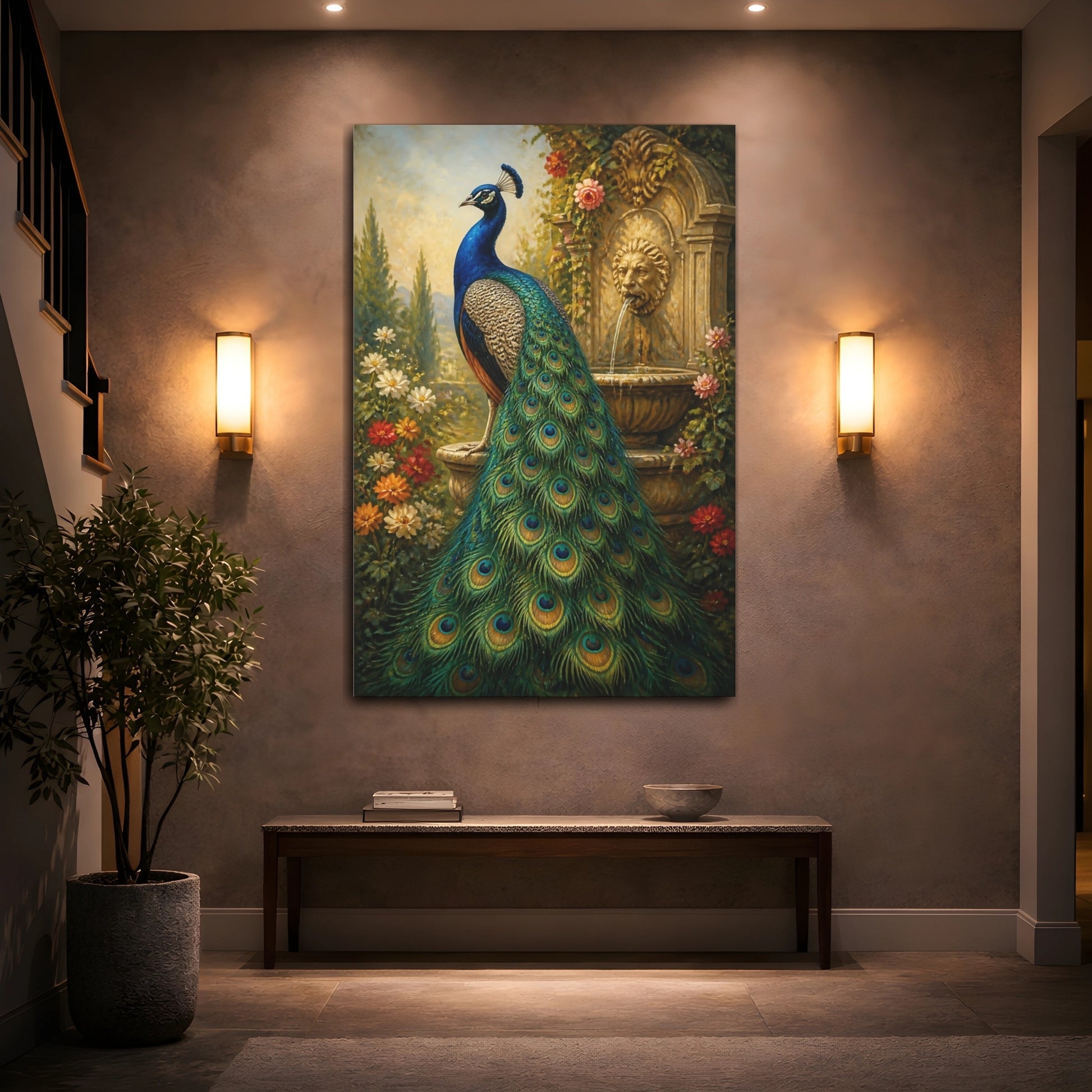 Mockup 2. Animals Regal Peacock Garden shown as canvas print