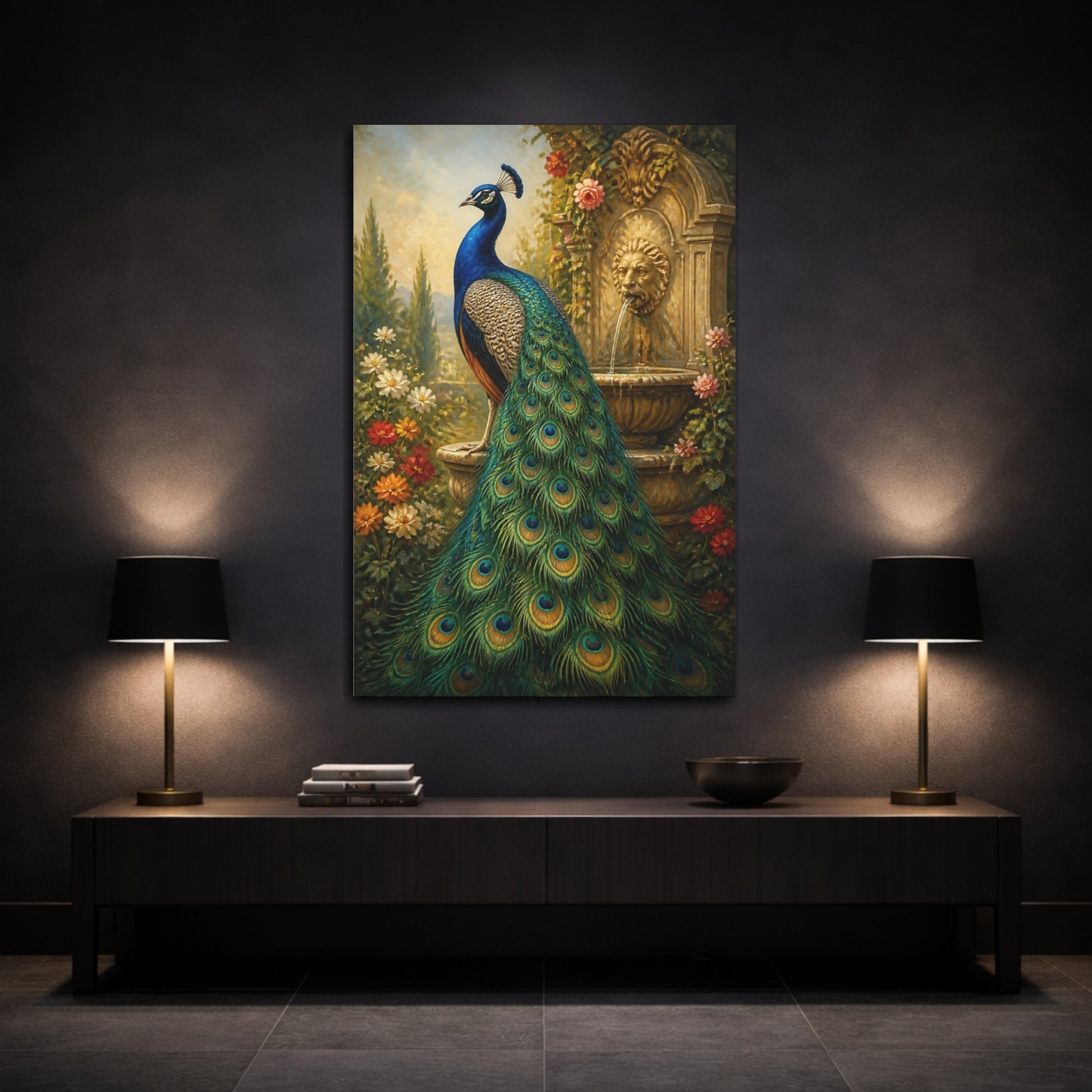 Mockup 3. Animals Regal Peacock Garden shown as canvas print