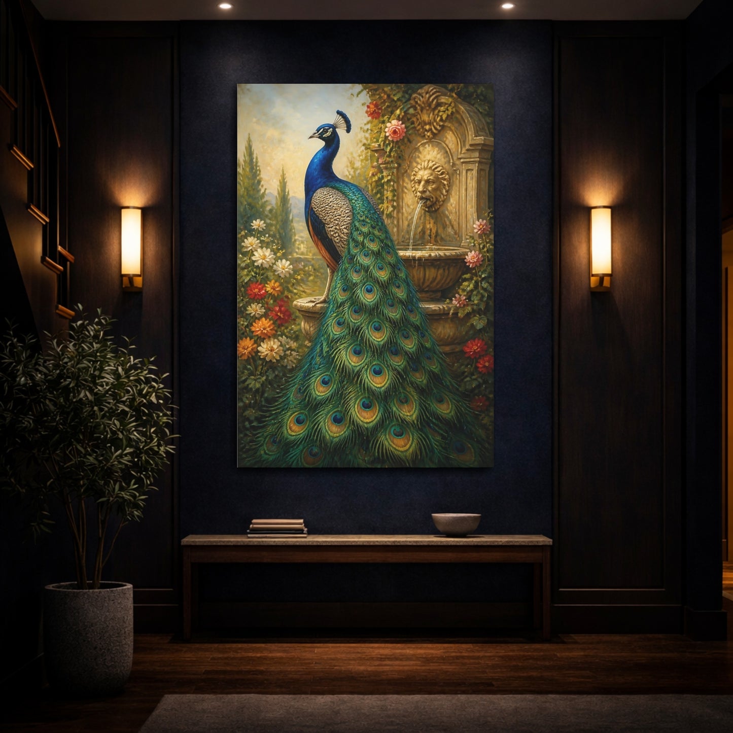 Mockup 4. Animals Regal Peacock Garden shown as canvas print
