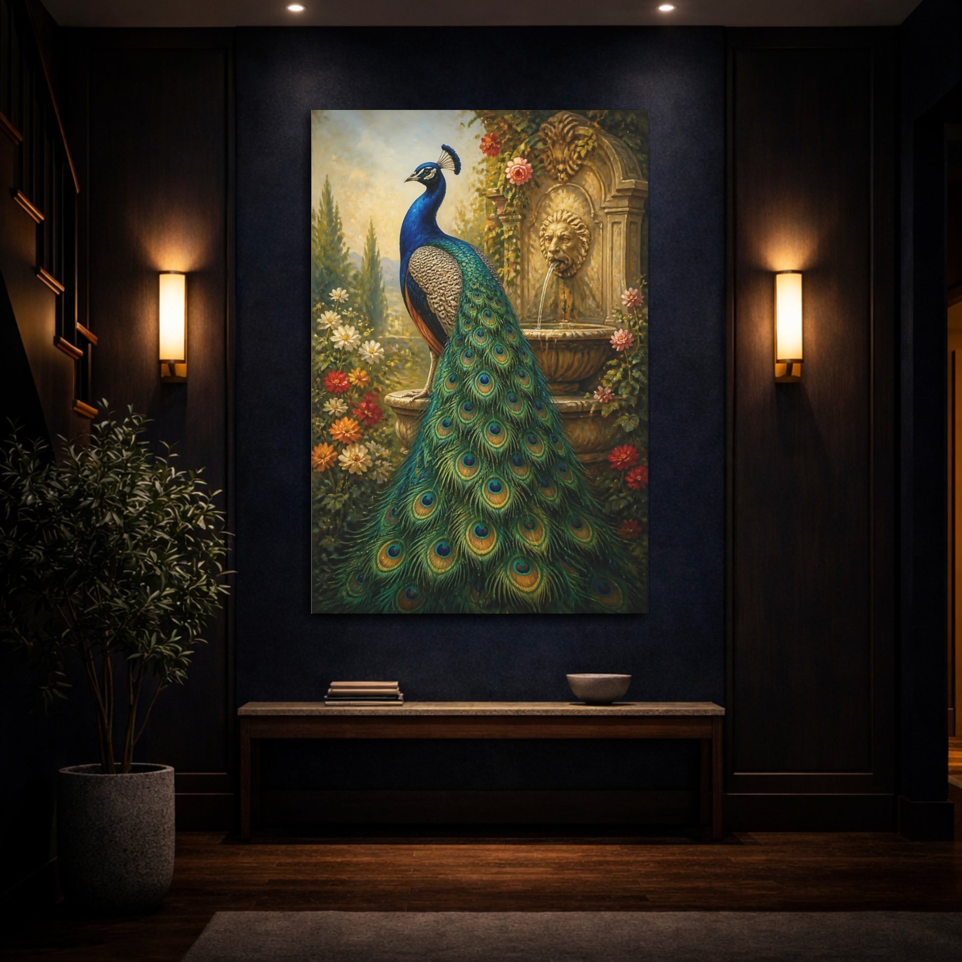 Mockup 4. Animals Regal Peacock Garden shown as canvas print