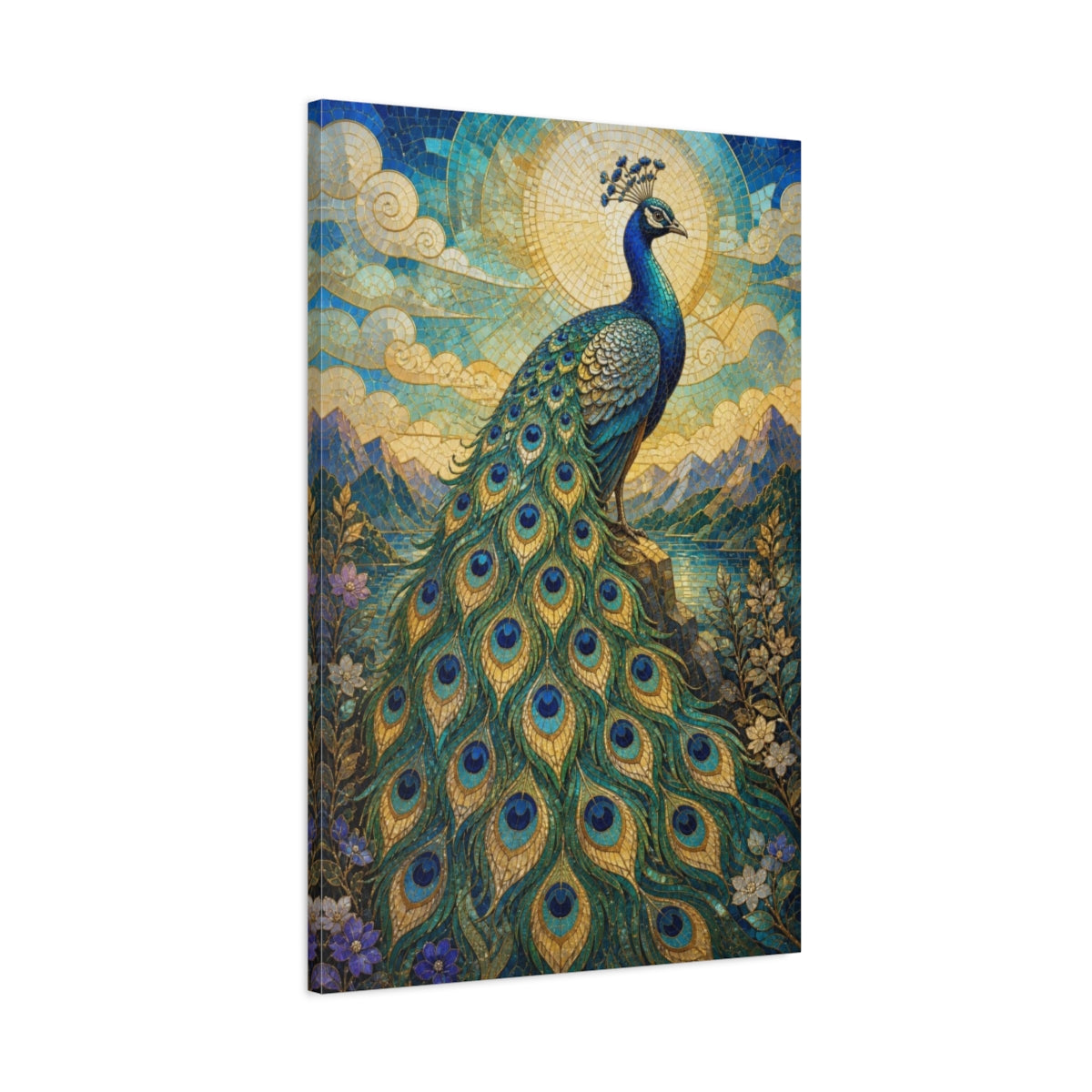 Main Mockup. Animals Regal Peacock Mosaic shown as canvas print