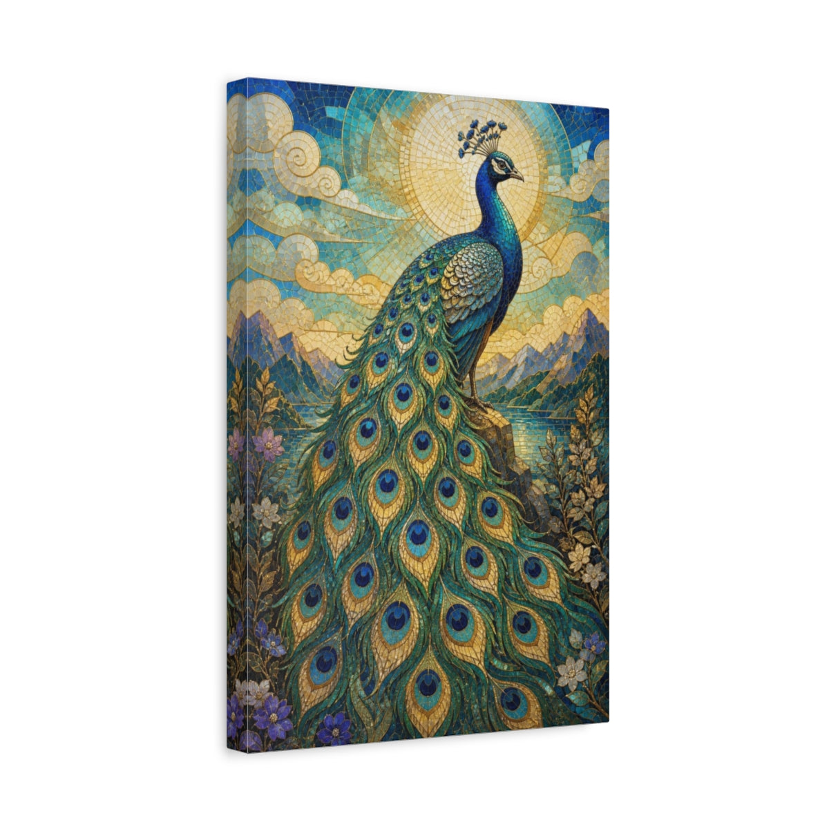 Side Mockup 4. Animals Regal Peacock Mosaic shown as canvas print