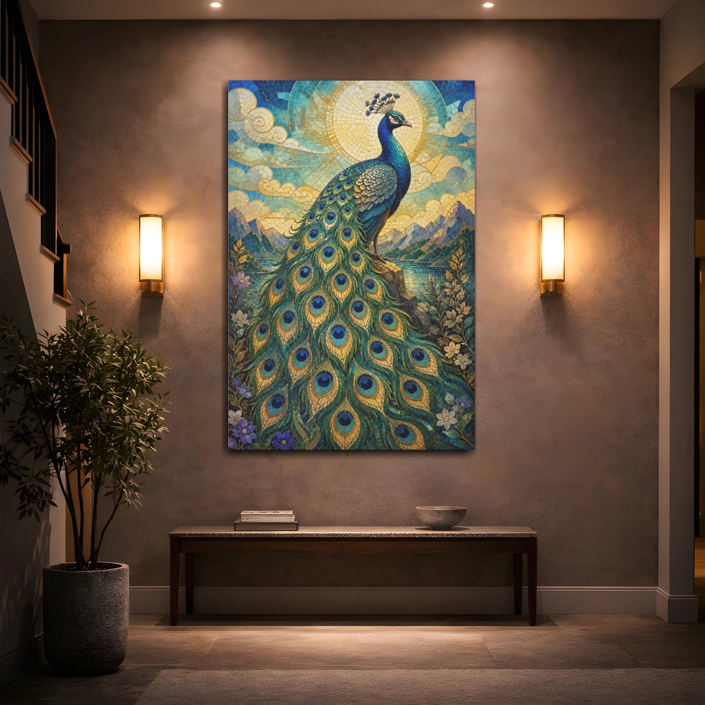 Mockup 2. Animals Regal Peacock Mosaic shown as canvas print