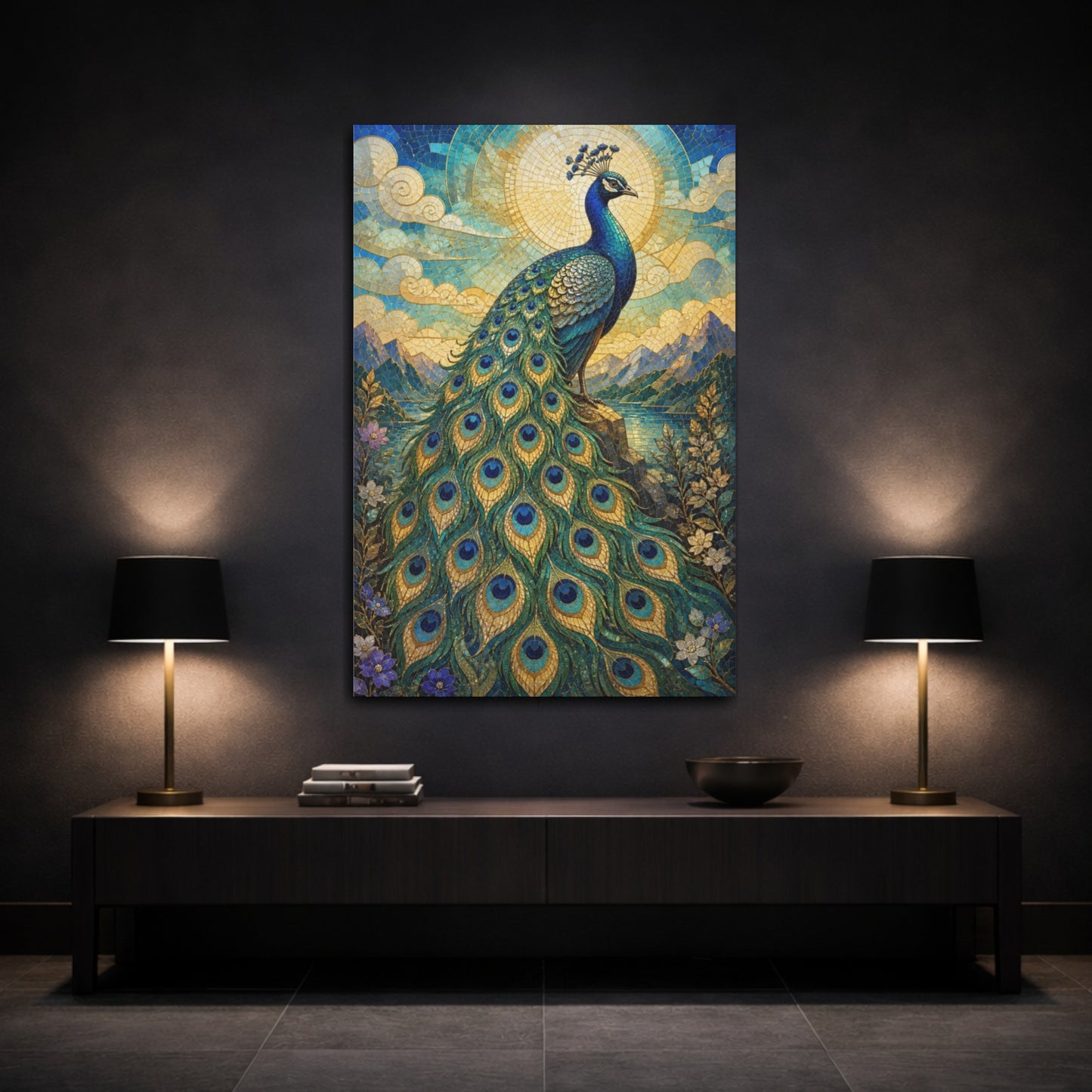 Mockup 3. Animals Regal Peacock Mosaic shown as canvas print