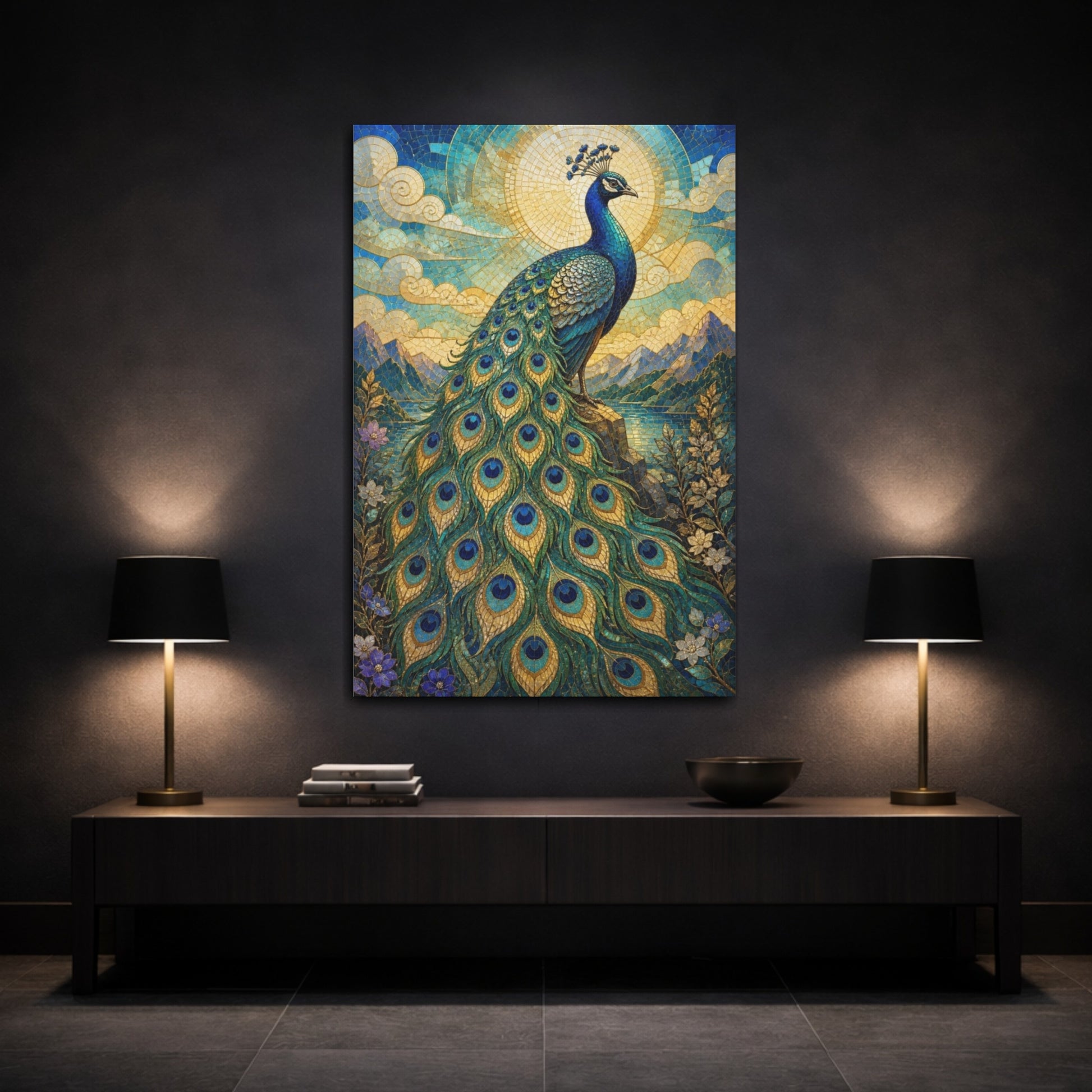 Mockup 3. Animals Regal Peacock Mosaic shown as canvas print