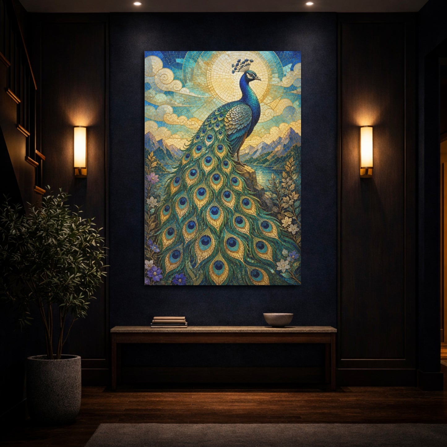 Mockup 4. Animals Regal Peacock Mosaic shown as canvas print