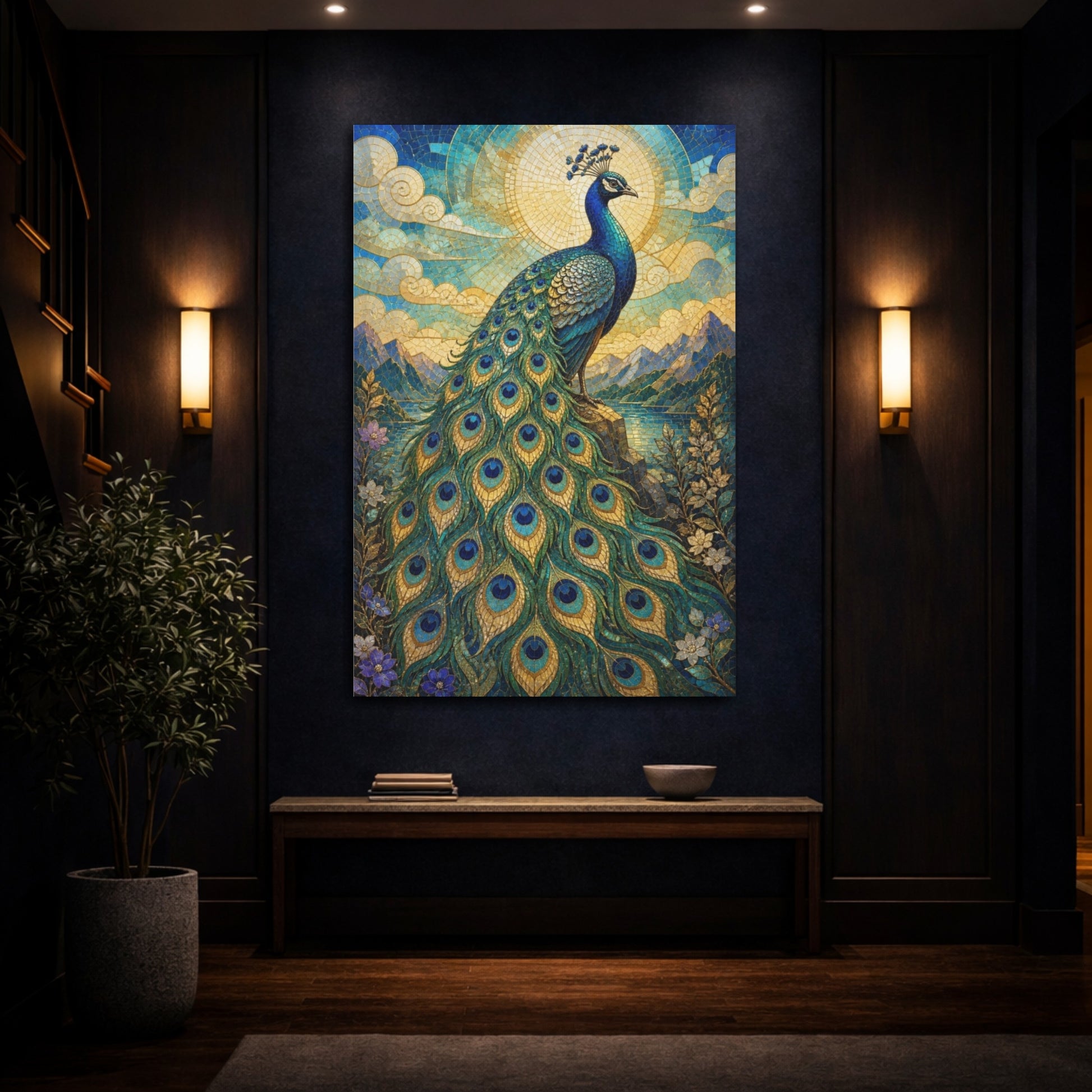 Mockup 4. Animals Regal Peacock Mosaic shown as canvas print