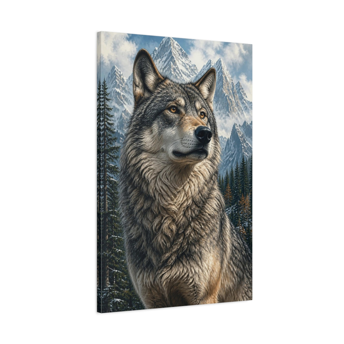 Main Mockup. Animals Regal Wolf In Snowy Peaks shown as canvas print