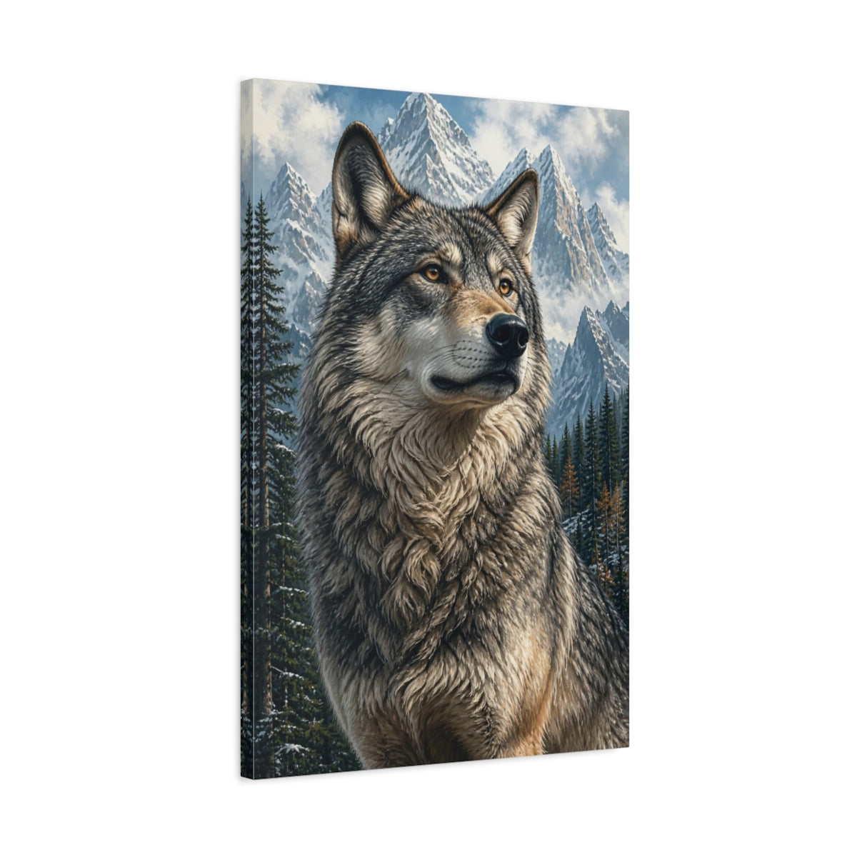 Side Mockup 2. Animals Regal Wolf In Snowy Peaks shown as canvas print
