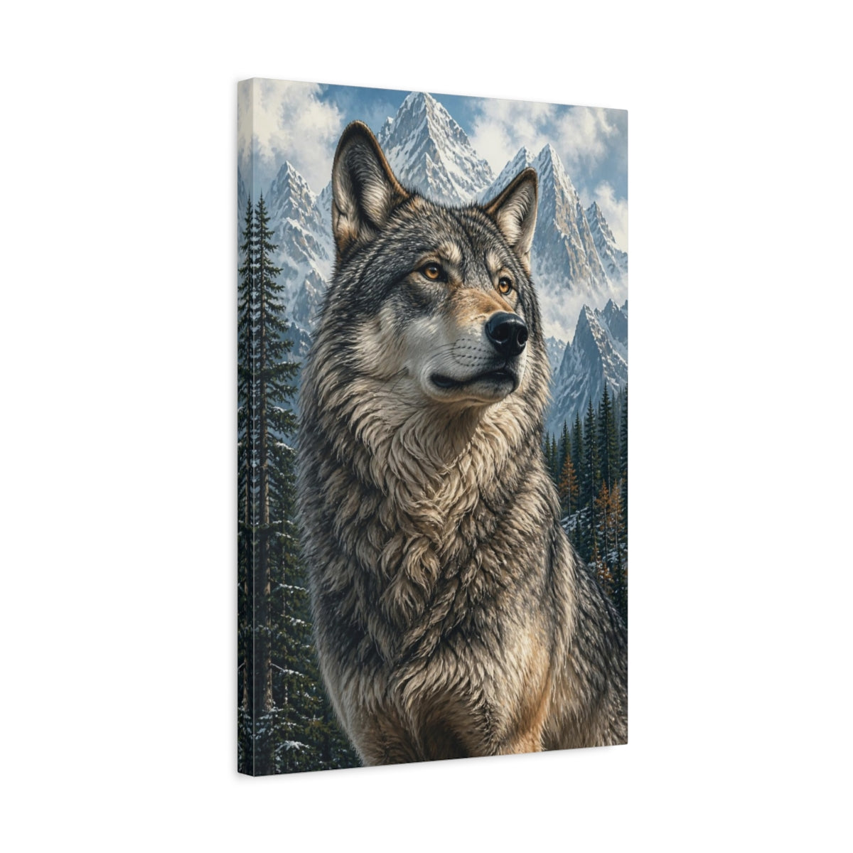 Side Mockup 3. Animals Regal Wolf In Snowy Peaks shown as canvas print