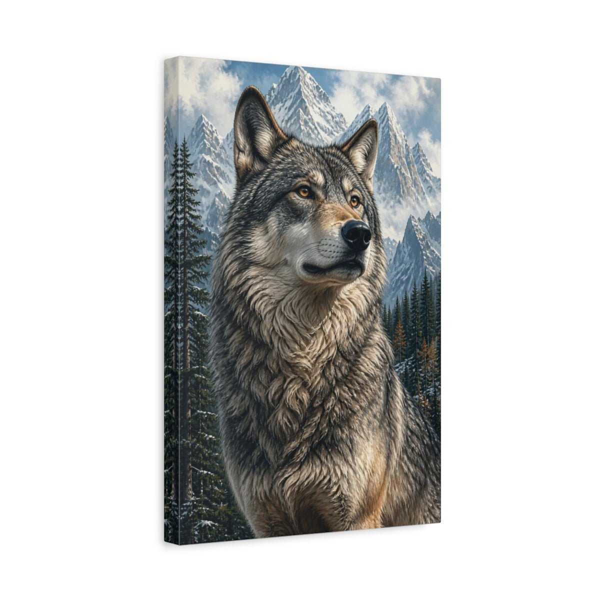 Side Mockup 4. Animals Regal Wolf In Snowy Peaks shown as canvas print