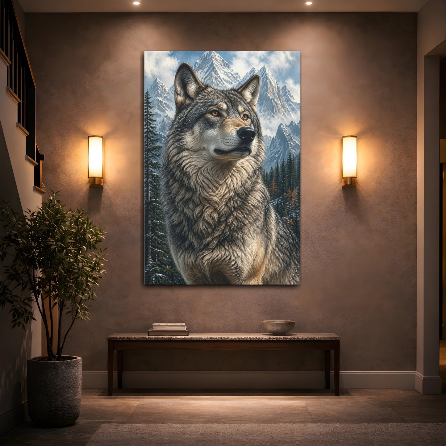 Mockup 2. Animals Regal Wolf In Snowy Peaks shown as canvas print