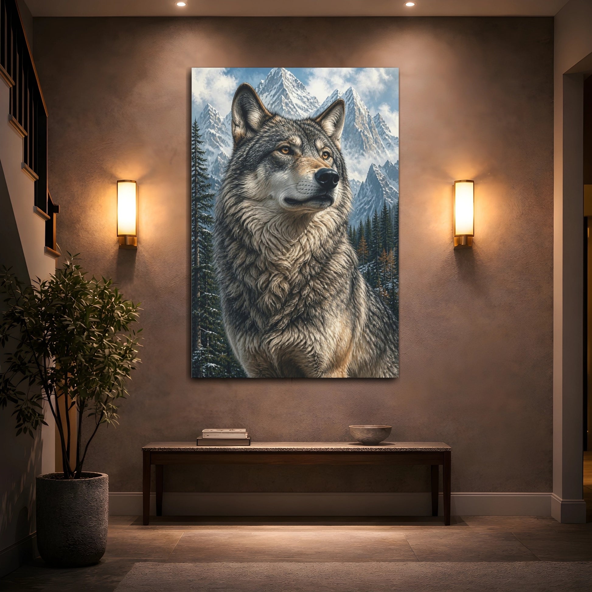 Mockup 2. Animals Regal Wolf In Snowy Peaks shown as canvas print