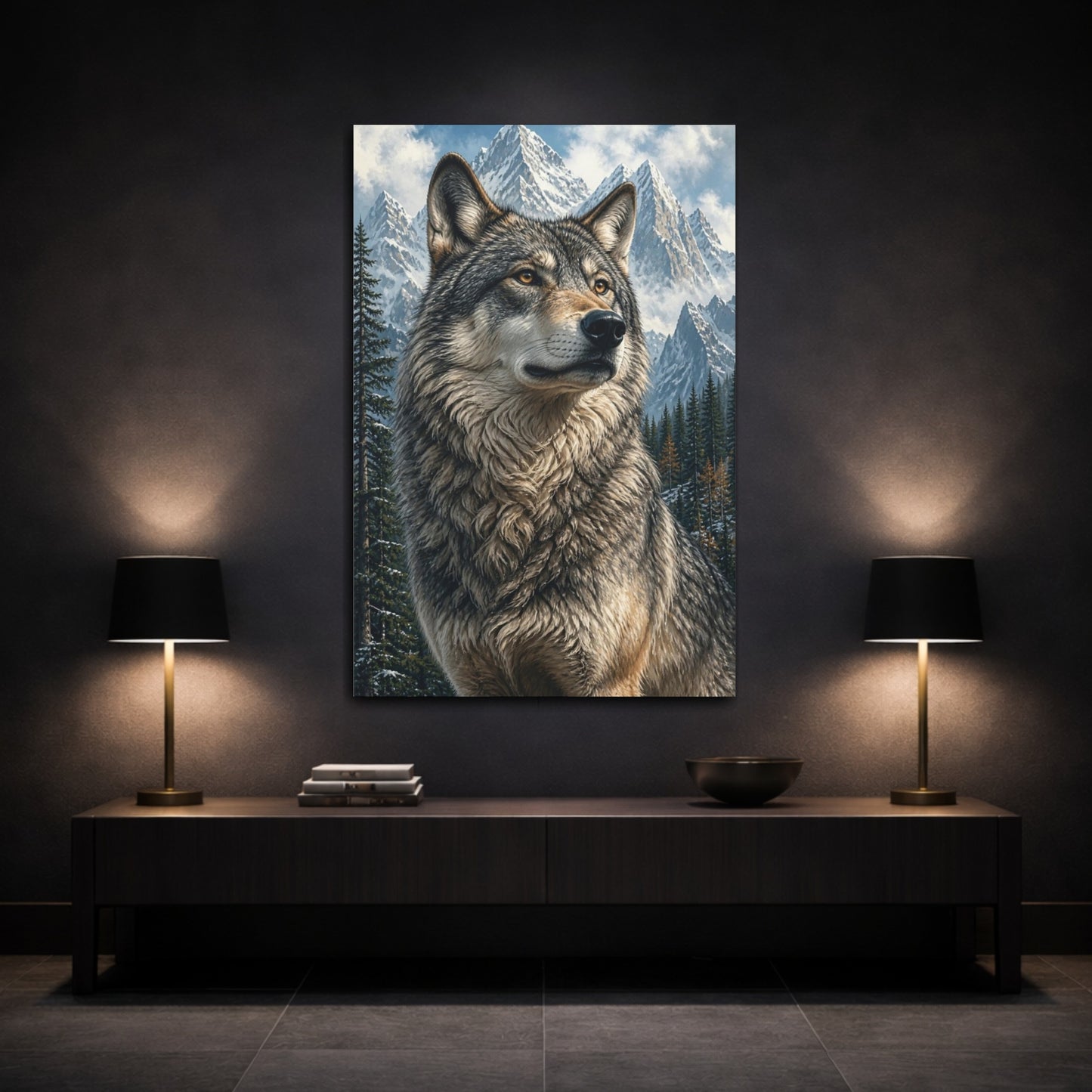 Mockup 3. Animals Regal Wolf In Snowy Peaks shown as canvas print