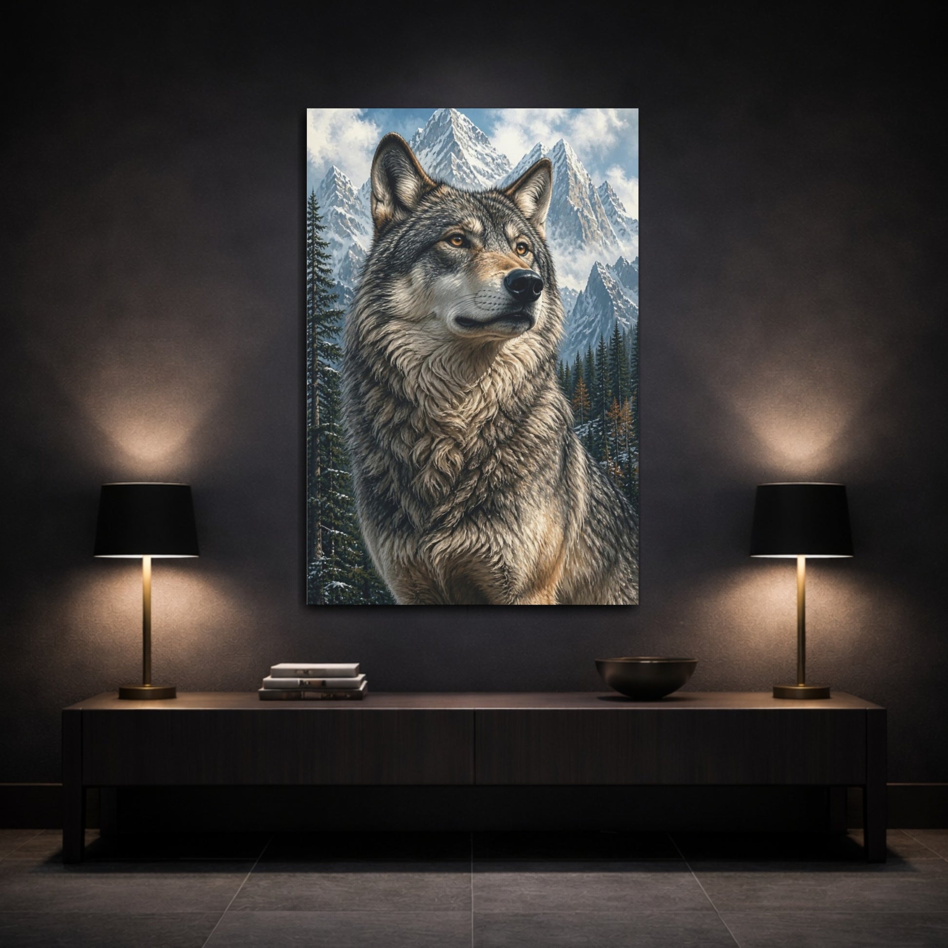Mockup 3. Animals Regal Wolf In Snowy Peaks shown as canvas print