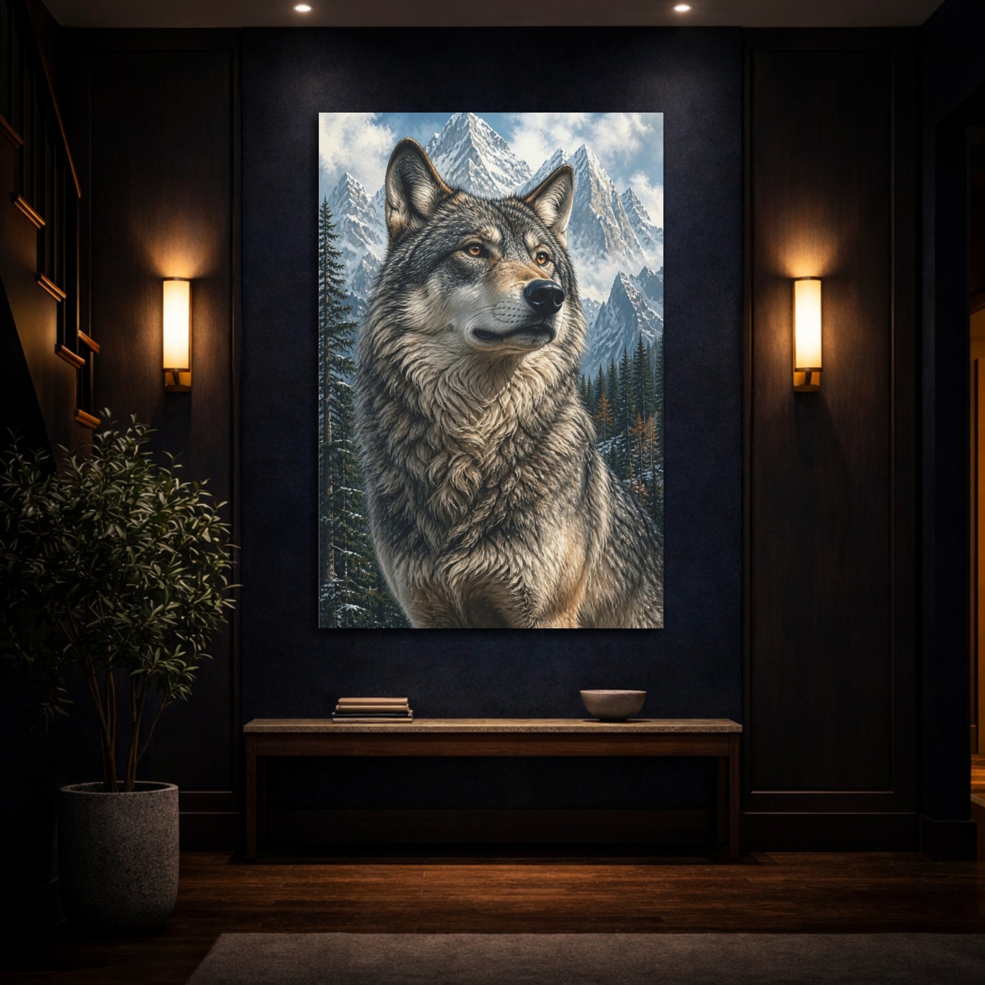 Mockup 4. Animals Regal Wolf In Snowy Peaks shown as canvas print