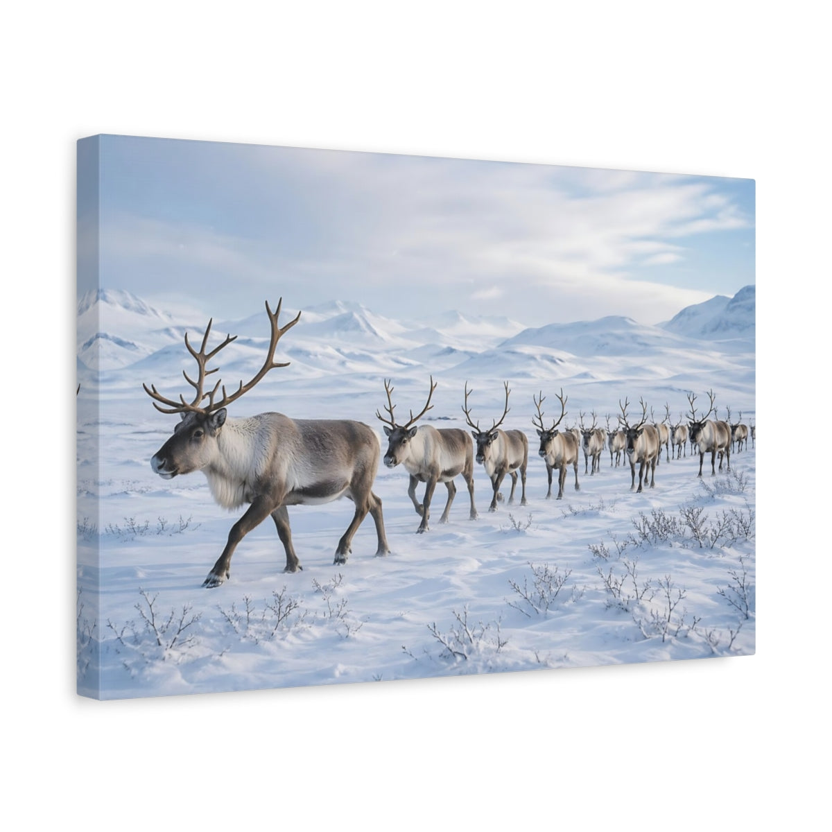 Side Mockup 4. Animals Reindeer Herd Winter Reindeer Herd shown as stretched canvas wall art