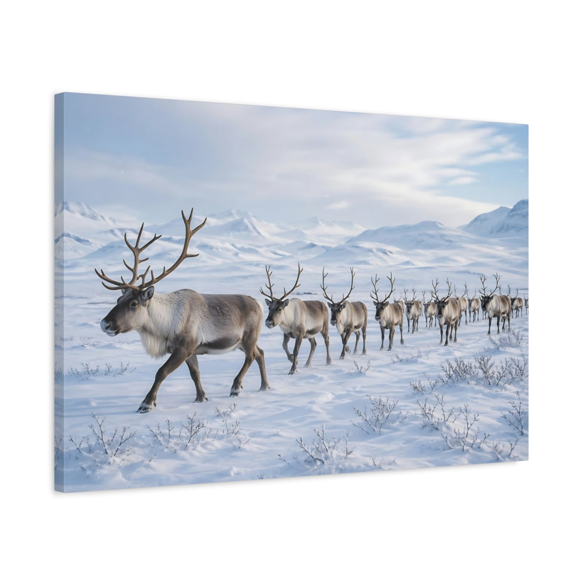Side Mockup 2. Animals Reindeer Herd Winter Reindeer Herd shown as stretched canvas wall art