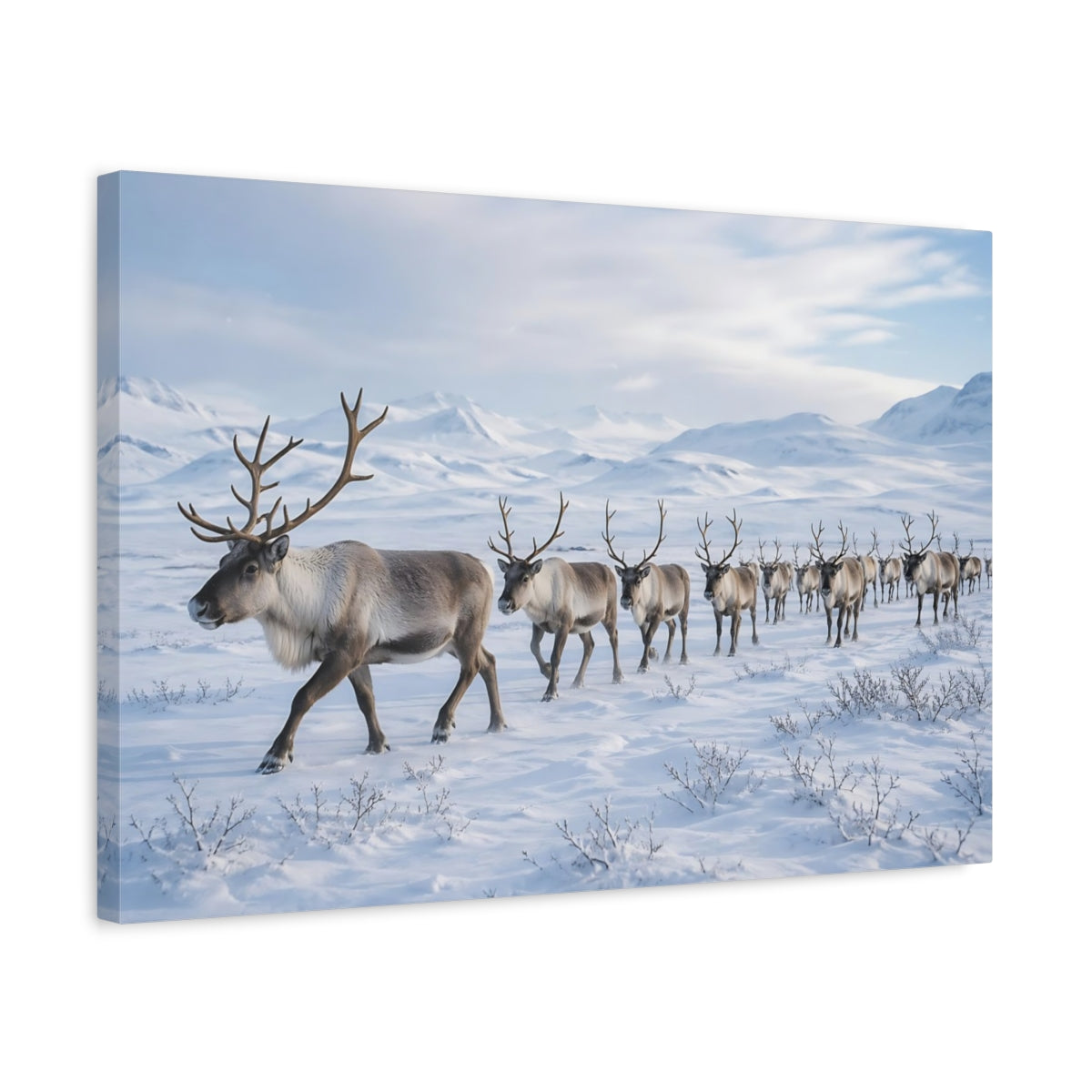 Side Mockup 3. Animals Reindeer Herd Winter Reindeer Herd shown as stretched canvas wall art