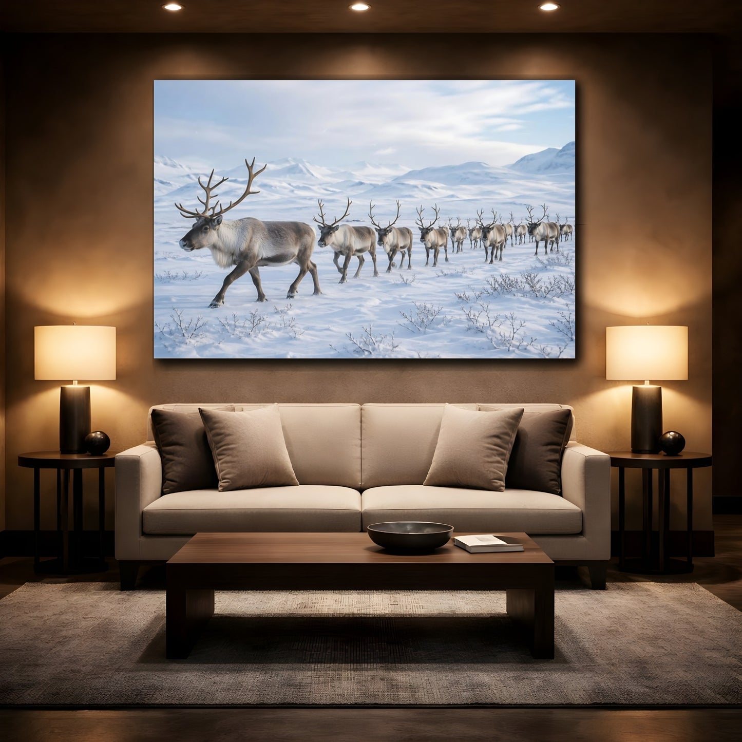 Mockup 2. Animals Reindeer Herd Winter Reindeer Herd shown as stretched canvas wall art