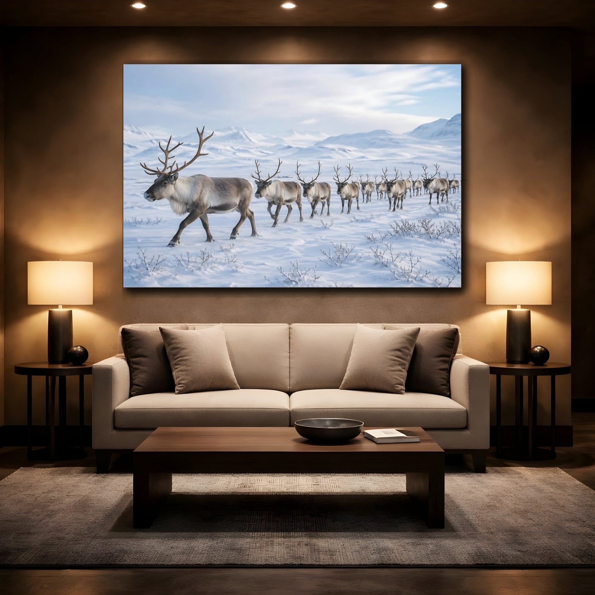 Mockup 2. Animals Reindeer Herd Winter Reindeer Herd shown as stretched canvas wall art