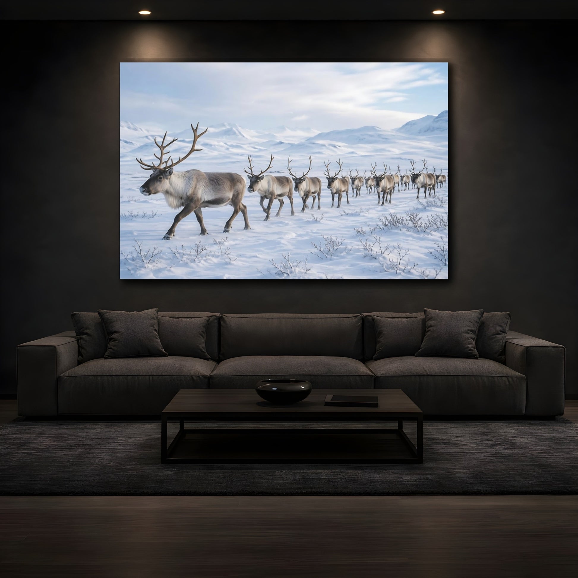 Mockup 3. Animals Reindeer Herd Winter Reindeer Herd shown as stretched canvas wall art