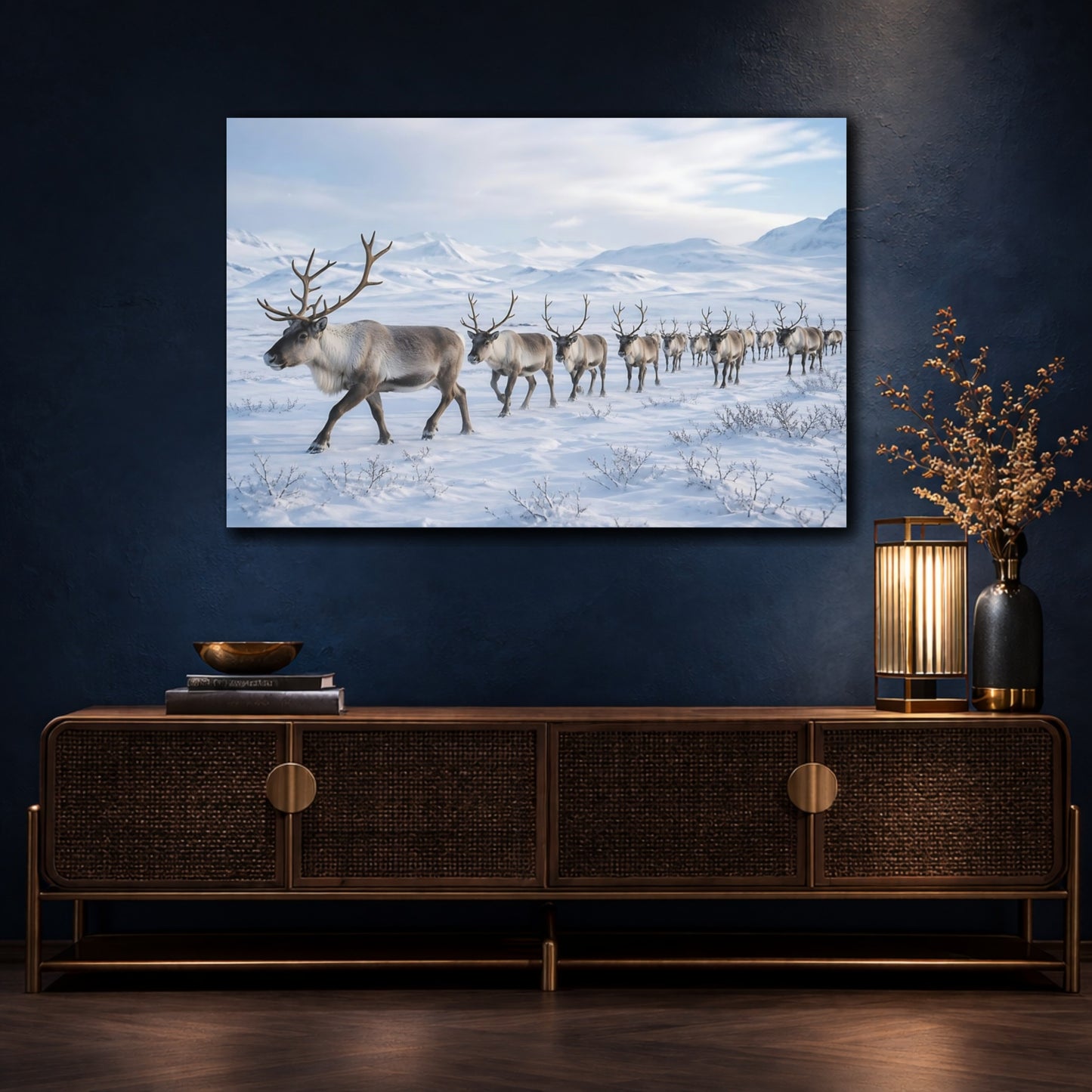 Mockup 4. Animals Reindeer Herd Winter Reindeer Herd shown as stretched canvas wall art