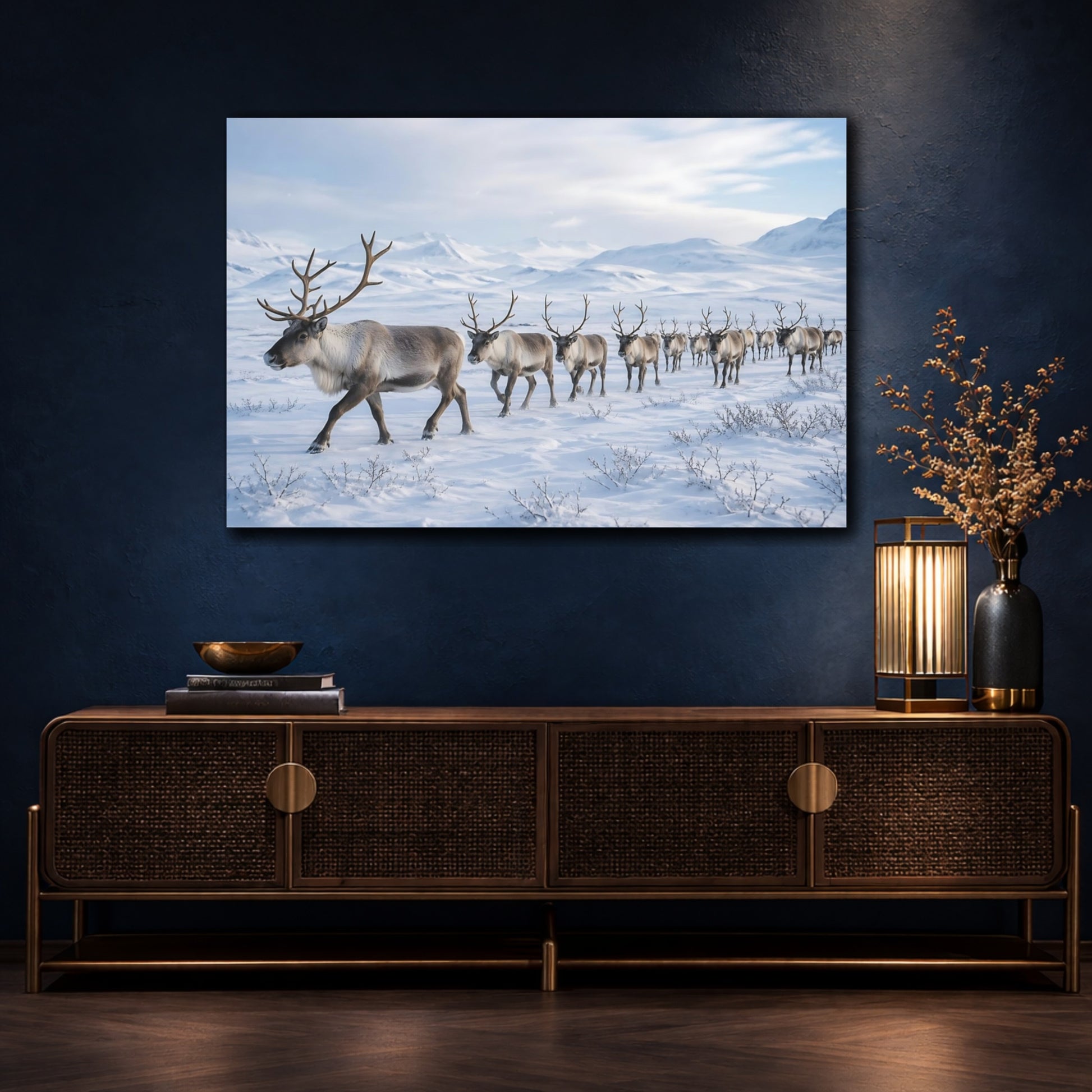 Mockup 4. Animals Reindeer Herd Winter Reindeer Herd shown as stretched canvas wall art