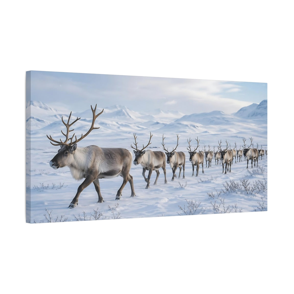 Side Mockup 1. Animals Reindeer Reindeer In Snow shown as stretched canvas wall art