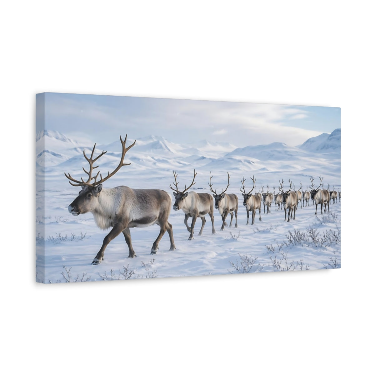 Side Mockup 3. Animals Reindeer Reindeer In Snow shown as stretched canvas wall art