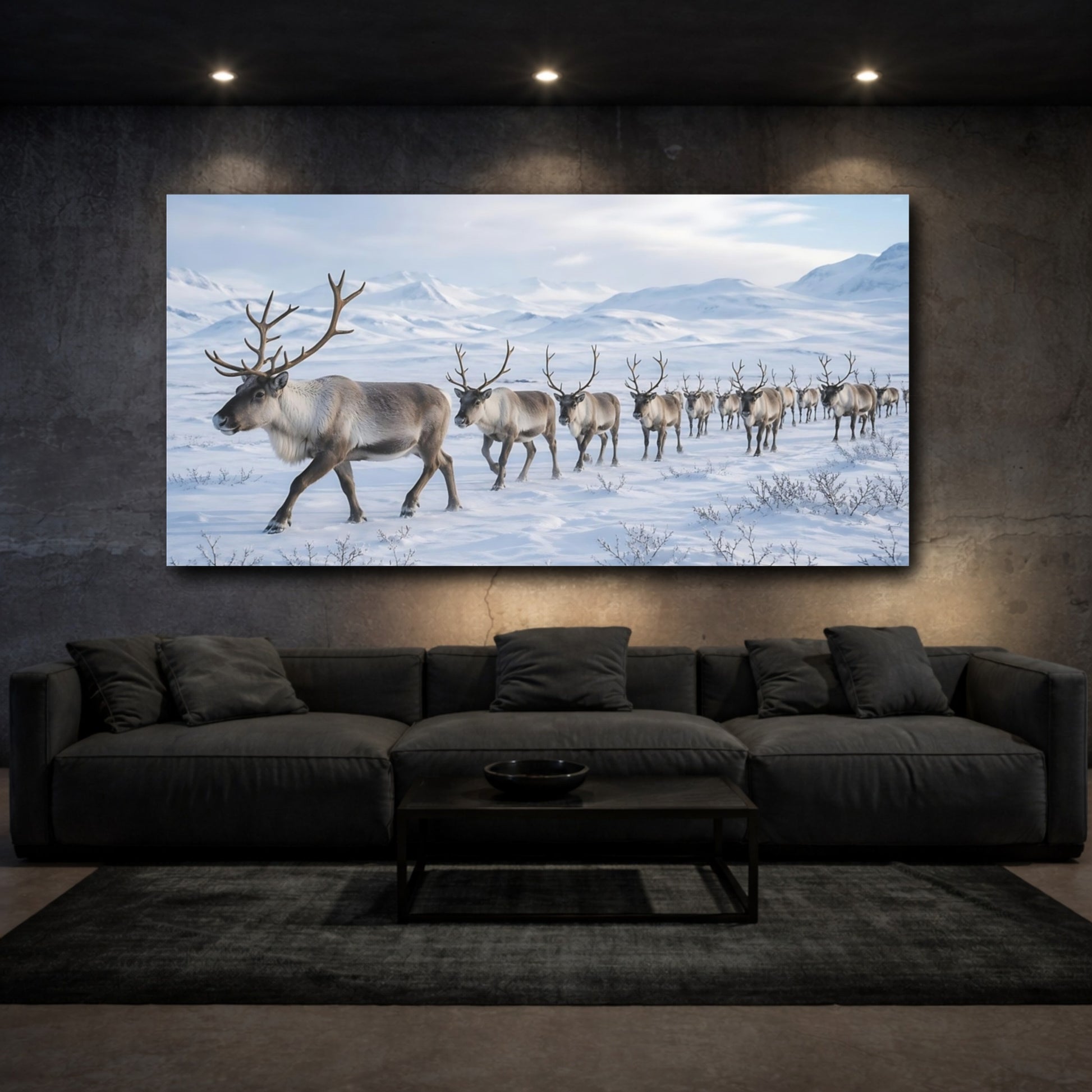 Mockup 2. Animals Reindeer Reindeer In Snow shown as stretched canvas wall art