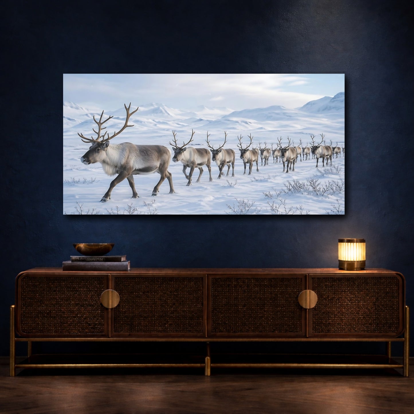 Mockup 4. Animals Reindeer Reindeer In Snow shown as stretched canvas wall art