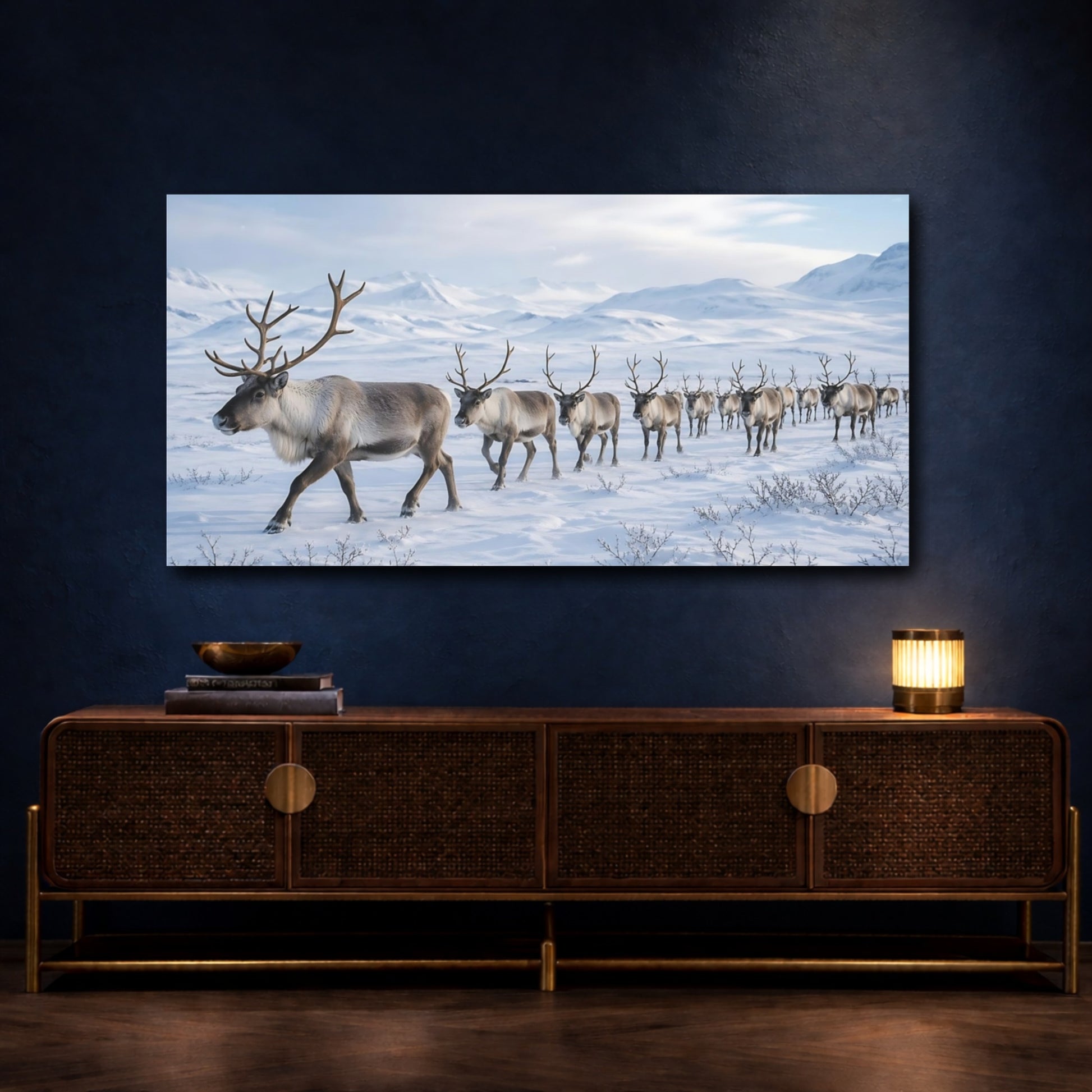 Mockup 4. Animals Reindeer Reindeer In Snow shown as stretched canvas wall art