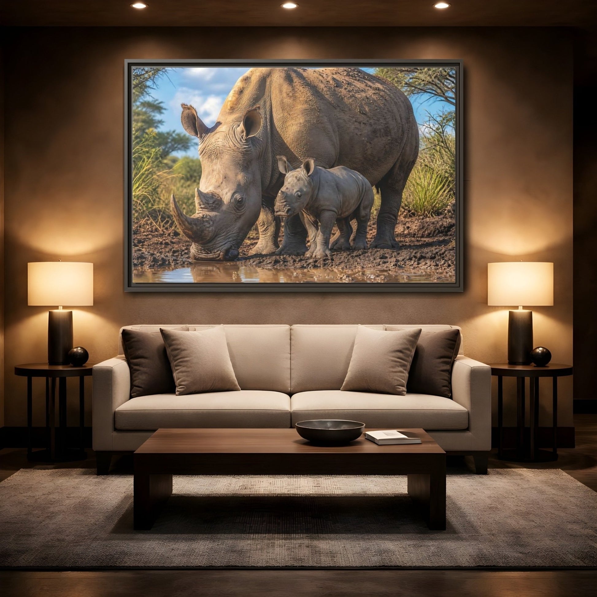Animals Rhinos Brown Framed Canvas Print – Living Room, Above Sofa - YesArtYes