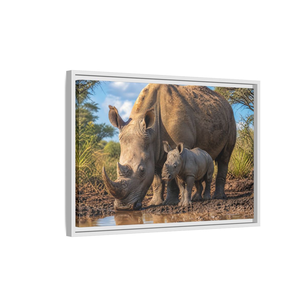 Side Mockup 1. Animals Rhinos Rhino Brown shown as stretched canvas wall art