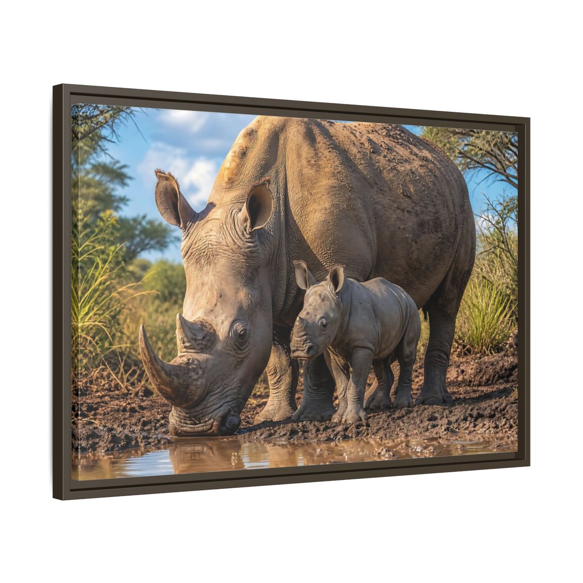 Side Mockup 11. Animals Rhinos Rhino Brown shown as stretched canvas wall art