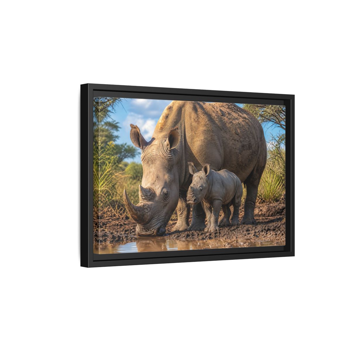 Side Mockup 6. Animals Rhinos Rhino Brown shown as stretched canvas wall art