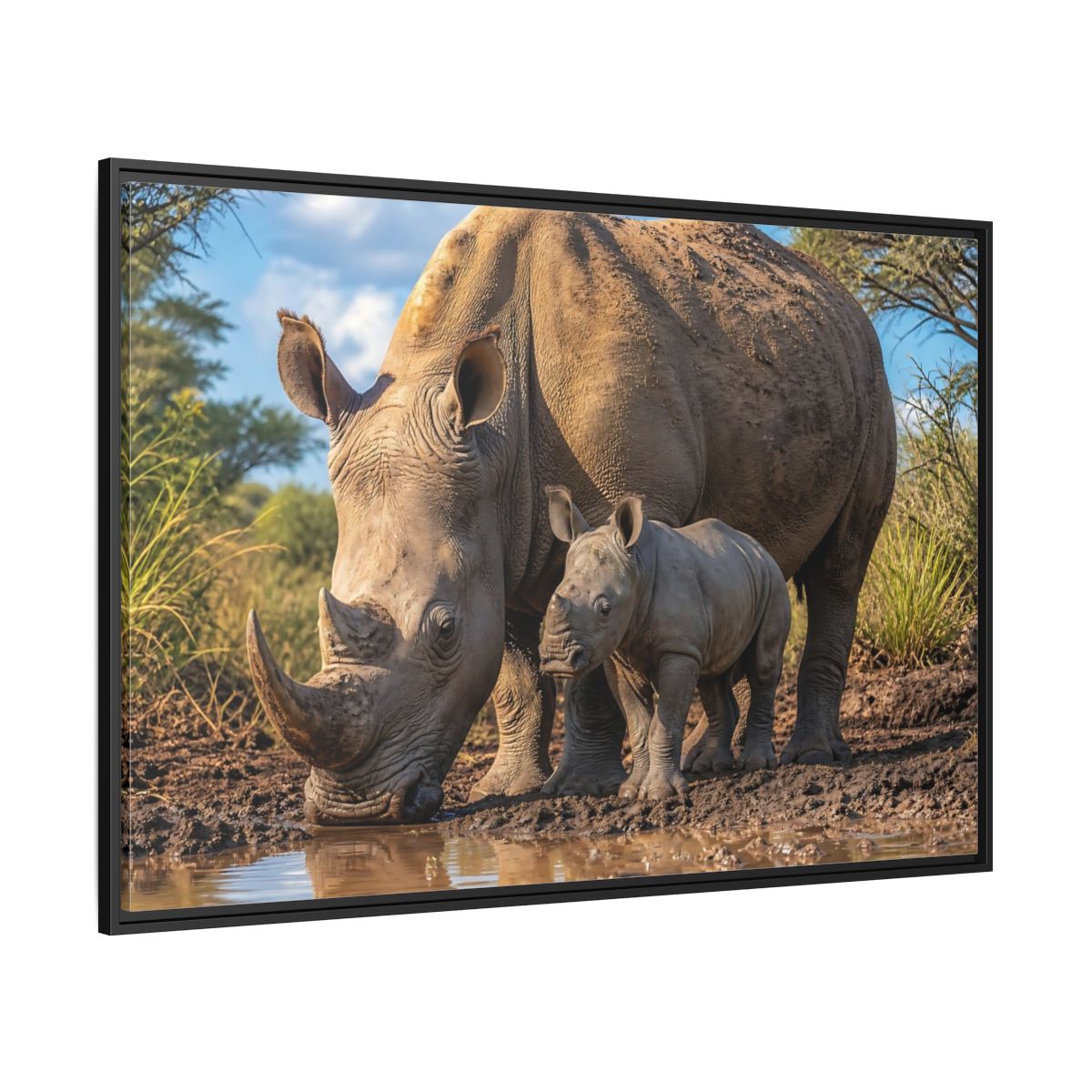 Side Mockup 12. Animals Rhinos Rhino Brown shown as stretched canvas wall art