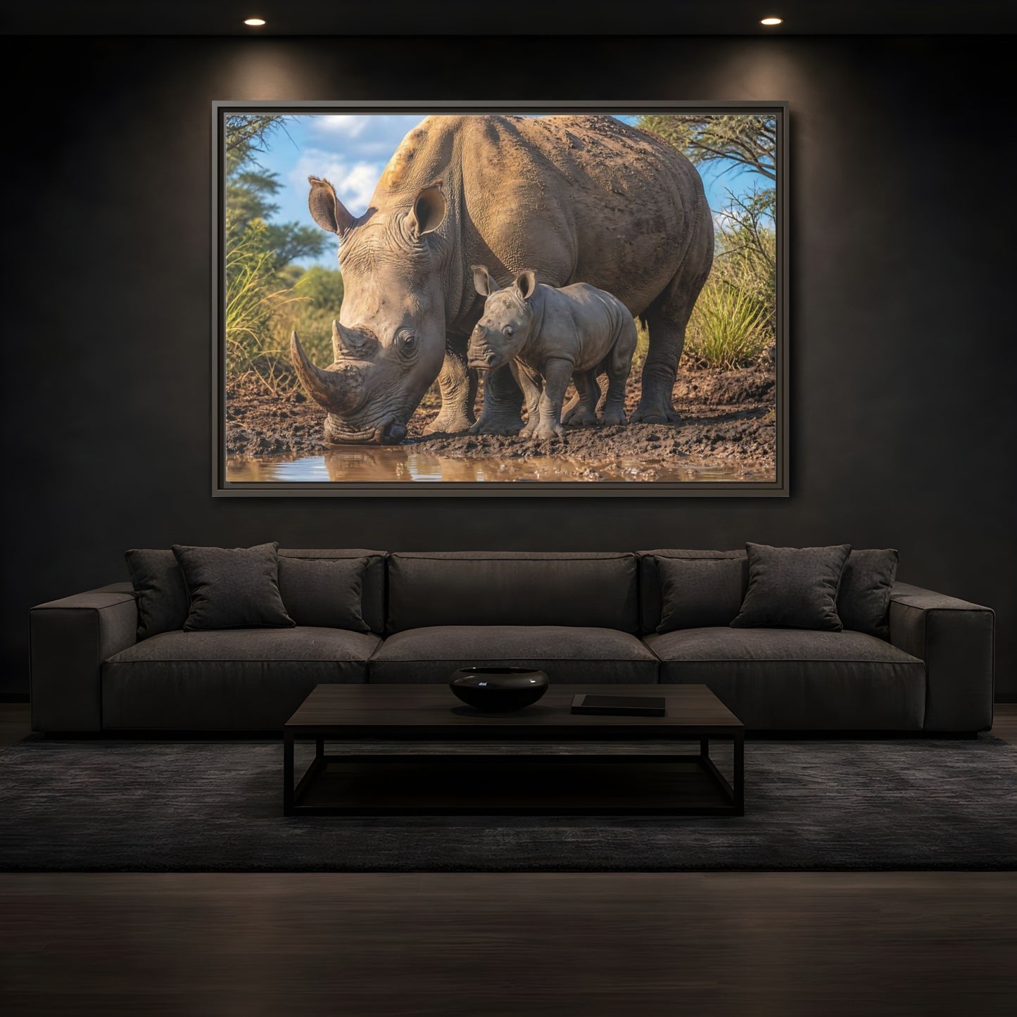 Mockup 3. Animals Rhinos Rhino Brown shown as stretched canvas wall art