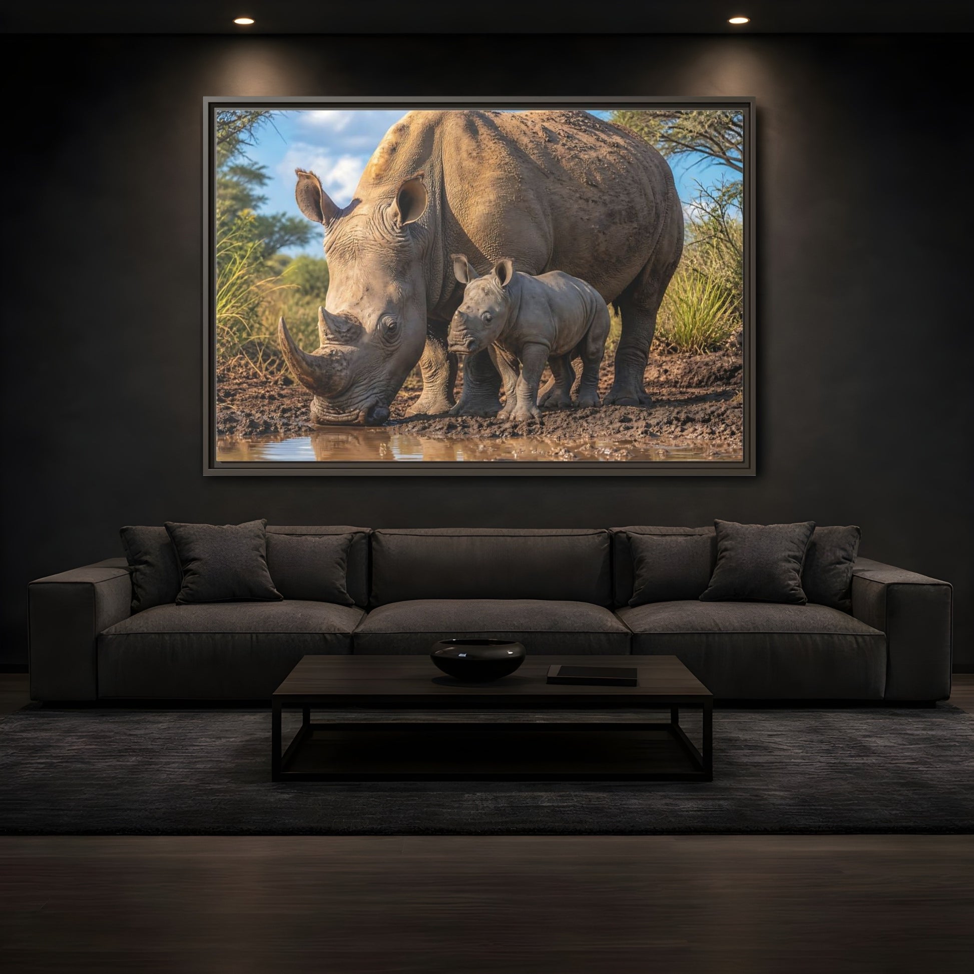 Mockup 3. Animals Rhinos Rhino Brown shown as stretched canvas wall art