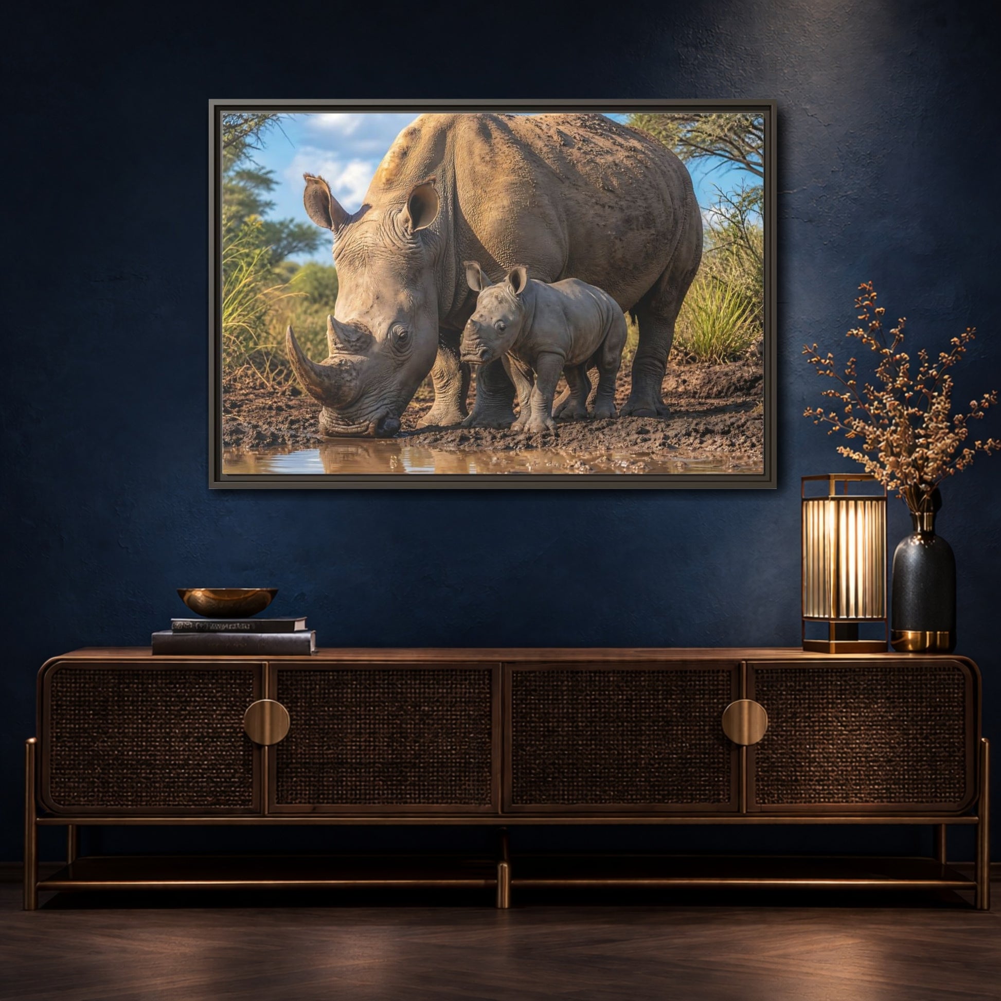 Mockup 4. Animals Rhinos Rhino Brown shown as stretched canvas wall art