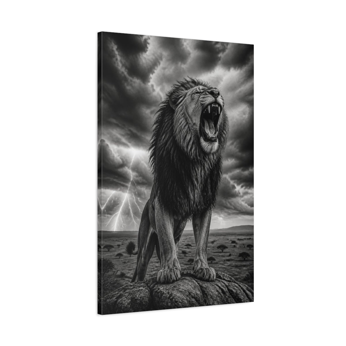 Main Mockup. Animals Roaring Lion In Storm shown as canvas print