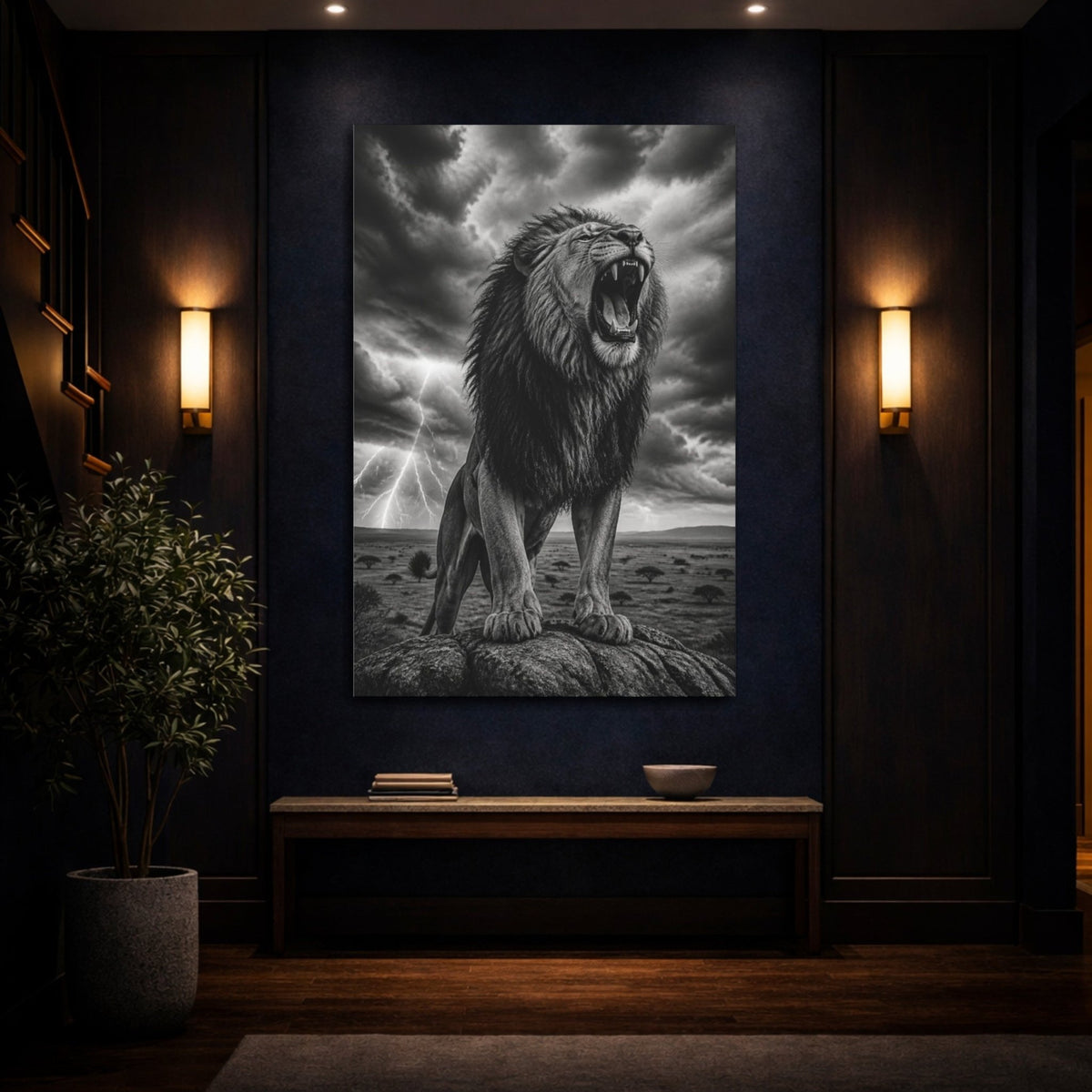 Animals Roaring Lion In Storm Canvas Print – Living Room, Above Fireplace - YesArtYes