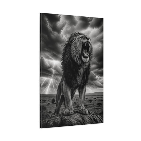Animals Roaring Lion In Storm Canvas Print – Living Room, Above Fireplace - YesArtYes