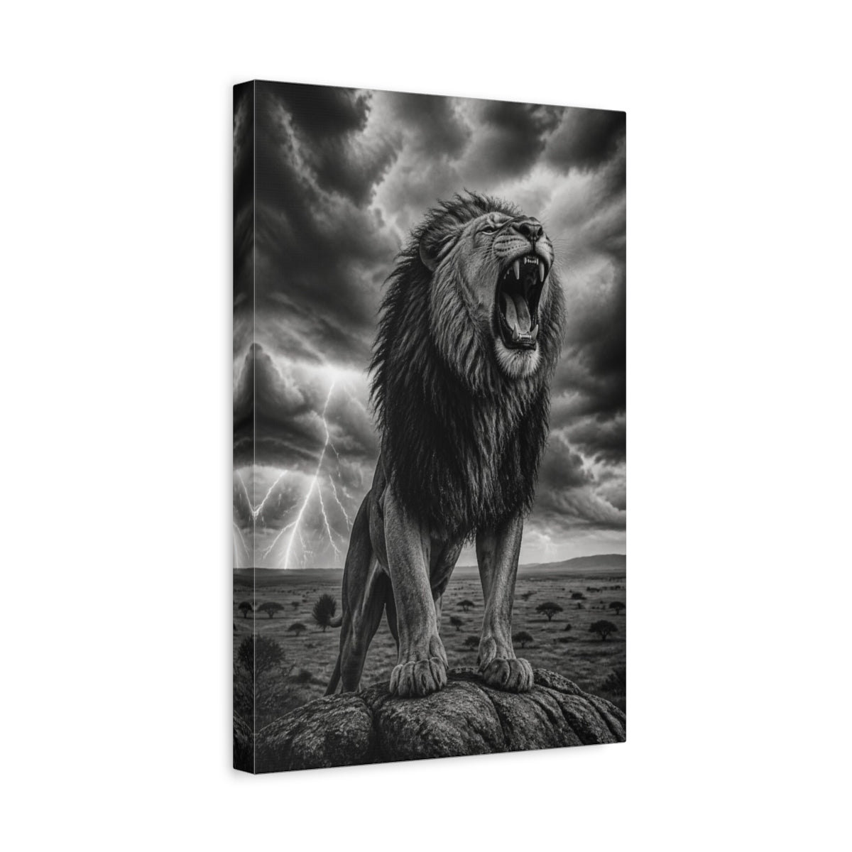 Side Mockup 4. Animals Roaring Lion In Storm shown as canvas print