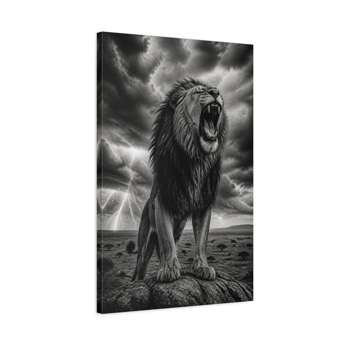 Side Mockup 2. Animals Roaring Lion In Storm shown as canvas print